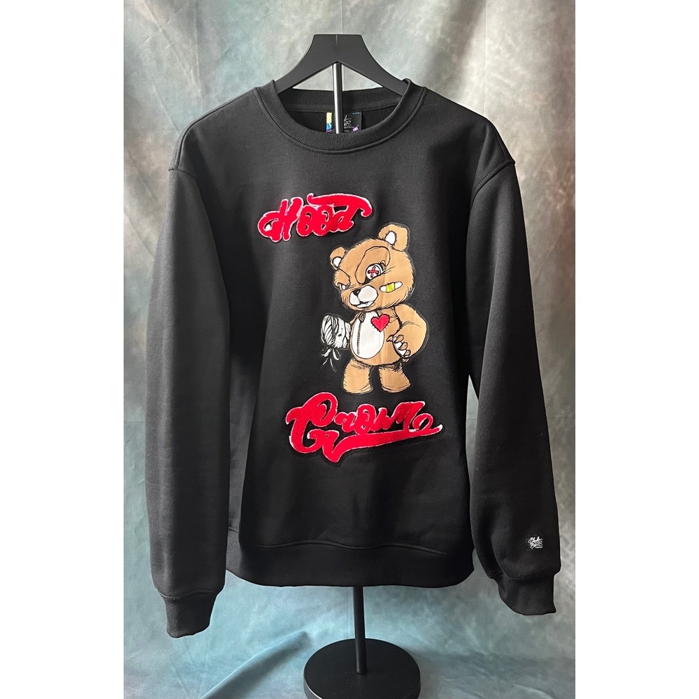 Bleeker & Mercer Hood Crown Bear Graphic Sweatshirt Black Streetwear Crewneck Lg